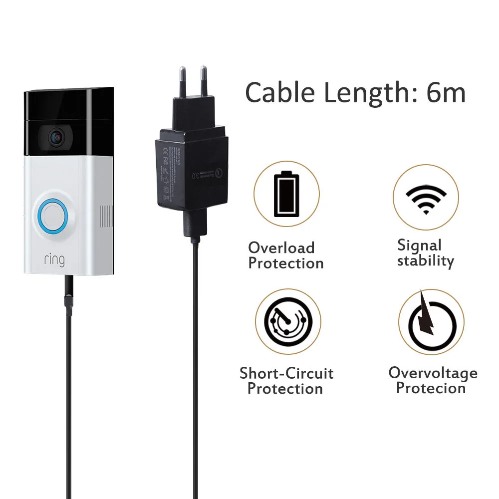19,68ft/6 m зарядный кабель с адаптером для кольца видео дверной звонок 2, кабель питания+ QC 3,0 адаптер быстрой зарядки(ЕС/США/Великобритания штекер