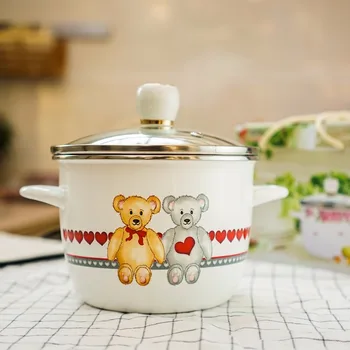 

Japanese cartoon porcelain enamel milk pot noodles bowl soup pan stewpot stockpot home baby food supplement glass cover