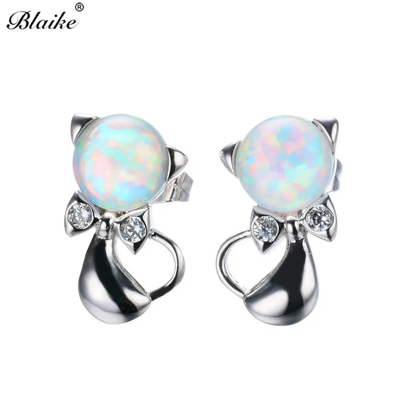 Blaike Белый/Синий Огненный Опал Cat Стад Серьги Для Женщин Стерлингового Серебра 925 Заполненный Камень Бантом Серьги Ювелирные Изделия