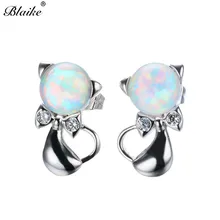 Blaike Белый/Синий Огненный Опал Cat Стад Серьги Для Женщин Стерлингового Серебра 925 Заполненный Камень Бантом Серьги Ювелирные Изделия