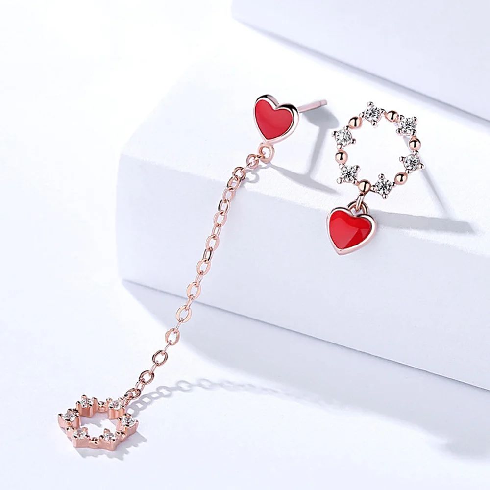 

925 silver long earrings Asymmetrical red heart zircon drop earrings simple female jewelry fashion 2018