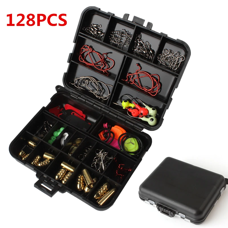 

128pcs 20 Types Rock Fishing Lures Sets Bullet Sinker Hooks Fishing Wire Hook Keeper Line Holder with Accessories Tackle Box