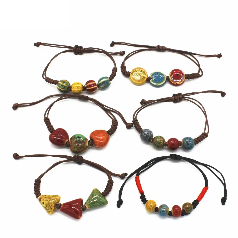 

Casual Ethnic Ceramic Bracelets For Women Men Bangle Adjustable Handmade Ceramic Beads Wax Rope Bracelets Girl's Gift