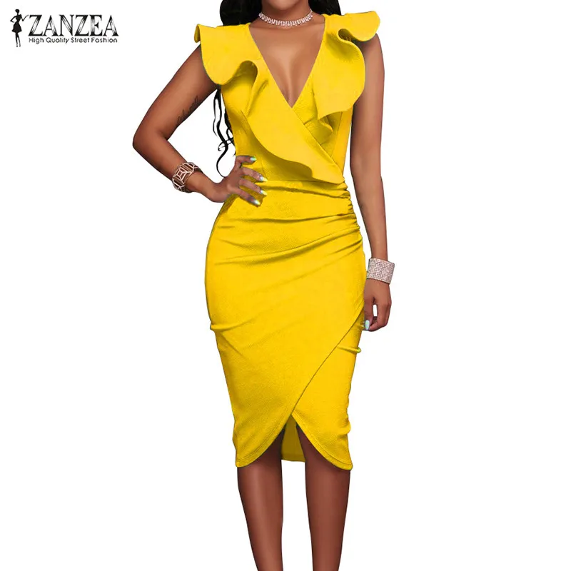 ZANZEA Women 2018 Summer Sexy Ladies Bodycon Dress V Neck Sleeveless OL Pencil Ruffles Bandage Package Hip Vestidos Plus Size