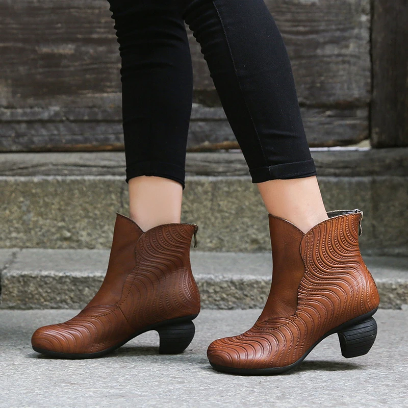 

Fretwork Boots Shoes Woman 2018 Latest Design Heeled Booties Lady Genuine Leather Round Toe Back Zip Female Shoes