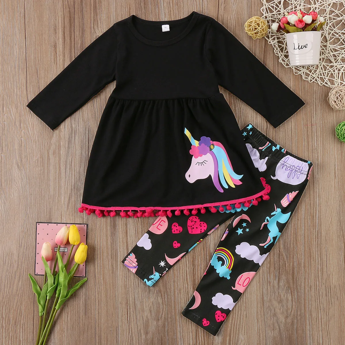 Комплекты одежды с единорогом для маленьких девочек, футболка, платье-топ, длинные штаны, комплект из 2 предметов