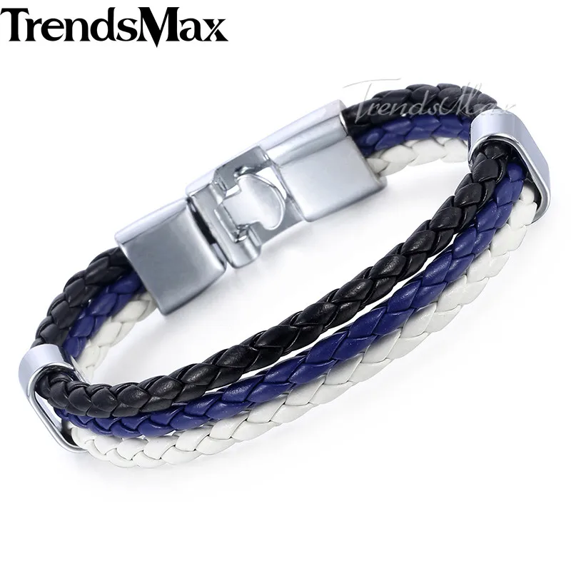 Trendsmax, кожаные браслеты для мужчин, черный, синий, белый, 3 нити, веревка, цепь, мужской кожаный браслет,, модное ювелирное изделие, подарок KLB694