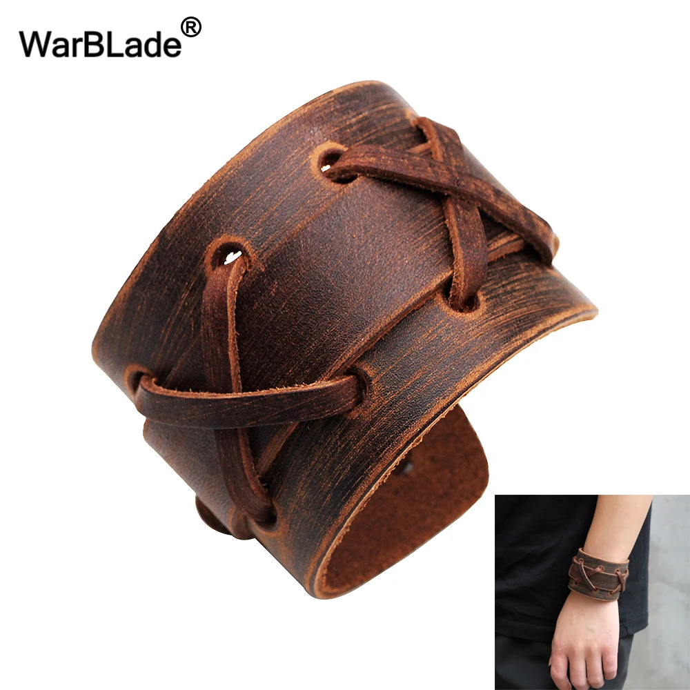 WarBLade 2018 New Fashion Black Brown Genuine Leather Wide Bracelet Bangles Cuff Wristband Rock Punk Women Men Bracelets