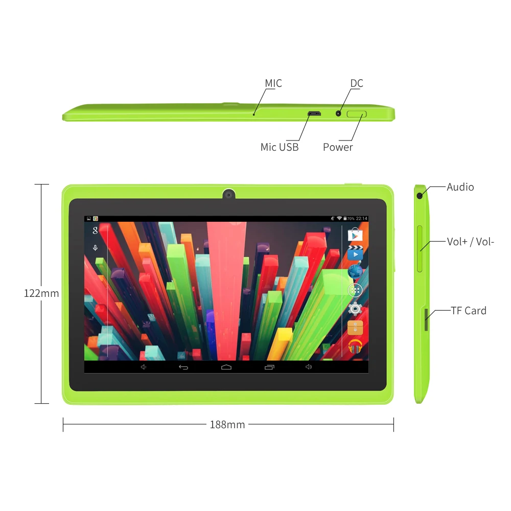 YUNTAB 7 дюймов Android 4 Q88 Allwinner A33 четырехъядерный 512 МБ 8 ГБ 1024*600 Двойная камера 2500 мАч