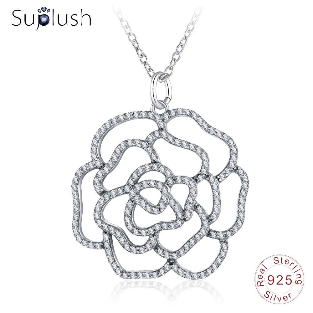 Suplush 925 серебро элегантный цветок розы кулон ожерелье s для свадьбы циркониевые