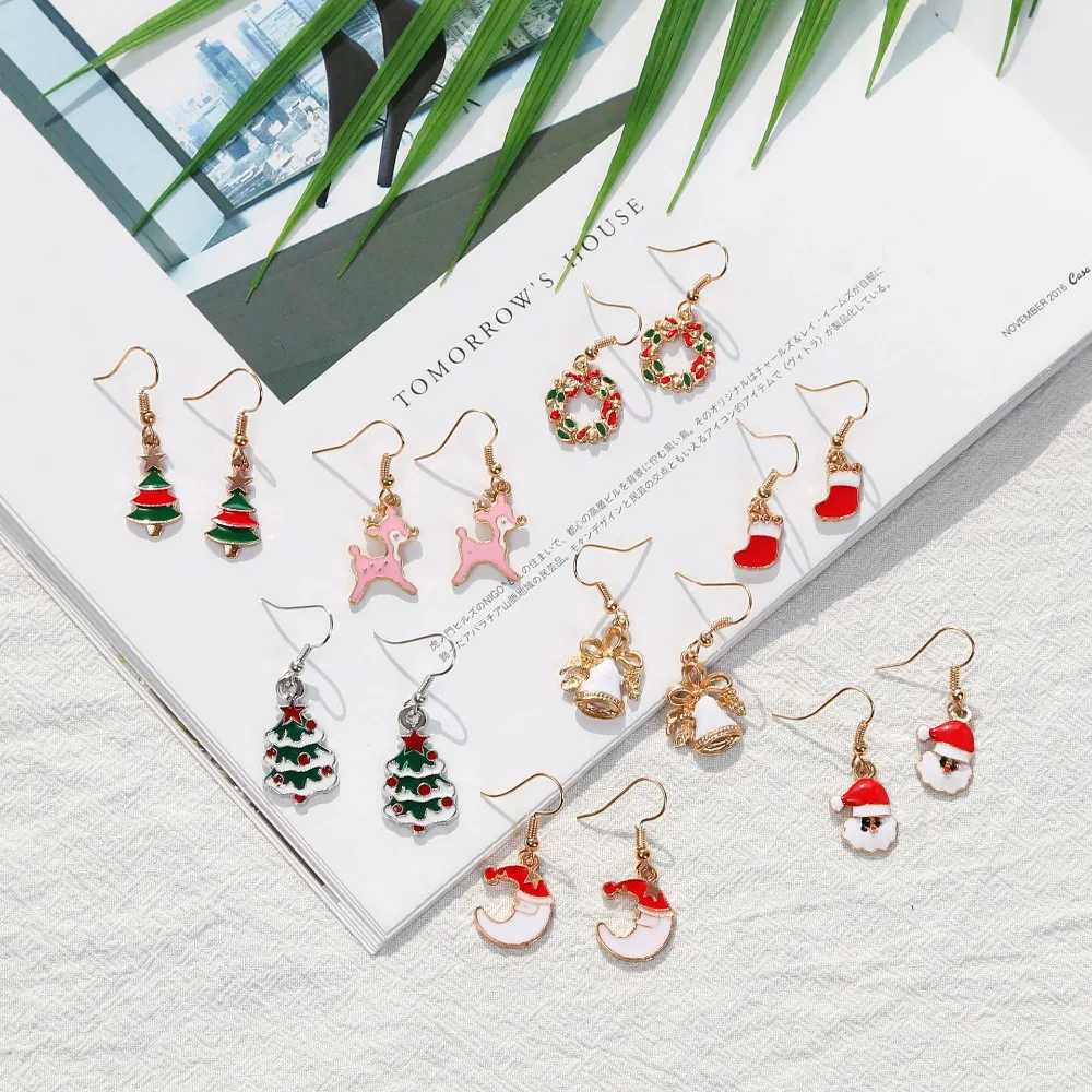 

8Seasons Christmas Tree Reindeer Enamel Styles Drop Earrings Gold Silver Tone Red & Green Fashion Earrings 36mm x 15mm, 1 Pair