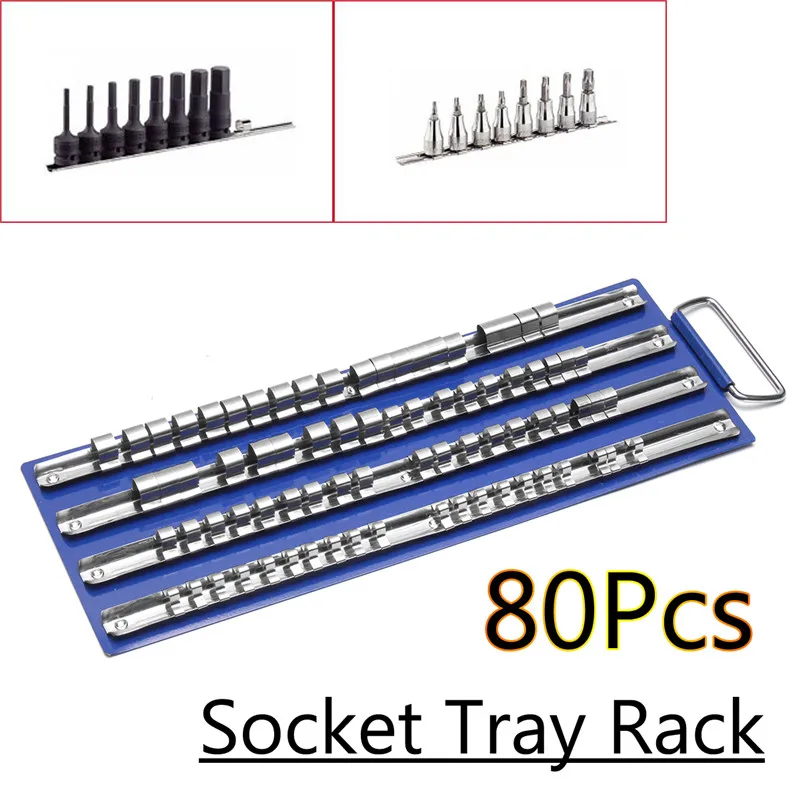 

80pcs Socket Tray Rack Holds 1/4" 3/8"1/2 "Snap Rail Tool Organizer Alloy Steel Tool Sets Organizer