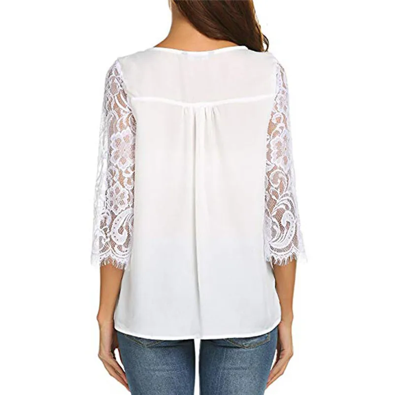Fashion womens tops and blouses summer Autumn 2018 O Neck Sleeve Lace Chiffon Top Casual Blouse Tops Shirt camicette Y30#N  (4)