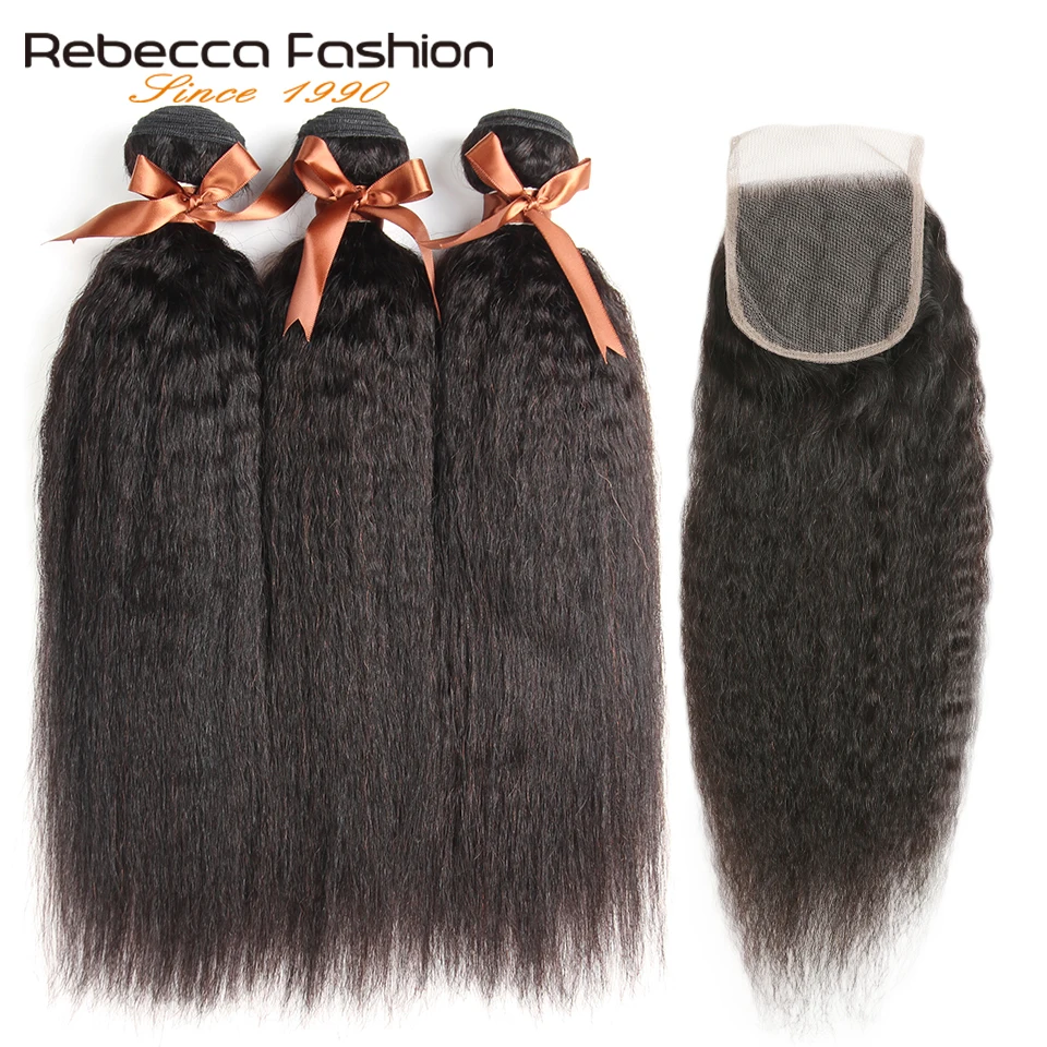 Rebecca кудрявые прямые волосы с закрытием 3 4 Связки с закрытием не Реми волосы перуанские кудрявые прямые пучки с закрытием