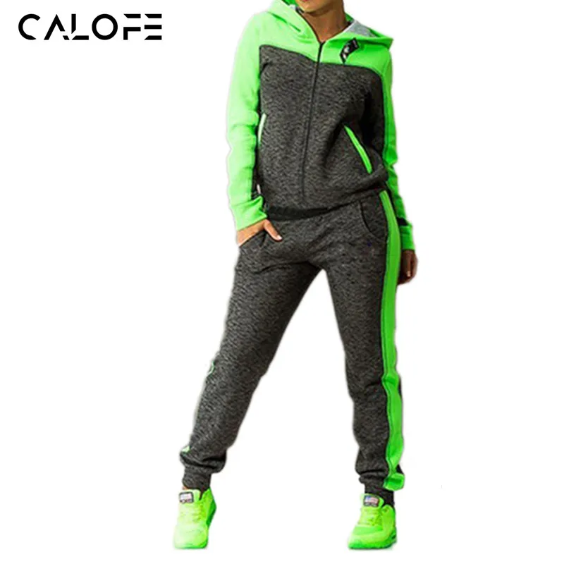 CALOFE Two piece Tracksuit Women Sport Suits Patchwork