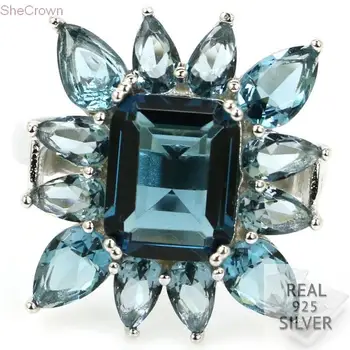 

4.2g Real 925 Solid Sterling Silver 2018 New Designed Top London Blue Topaz Gift For Girls Rings US 7.5# 21x19mm