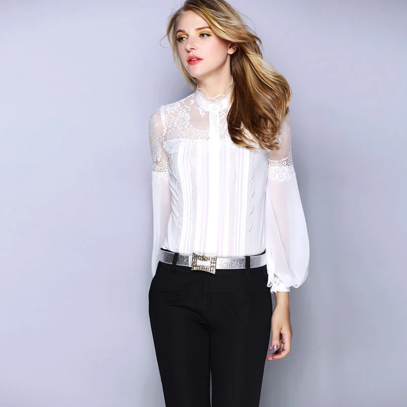 Women Real Silk Blouse Sexy Hollow Out Lace Solid Color Shirt Long ...