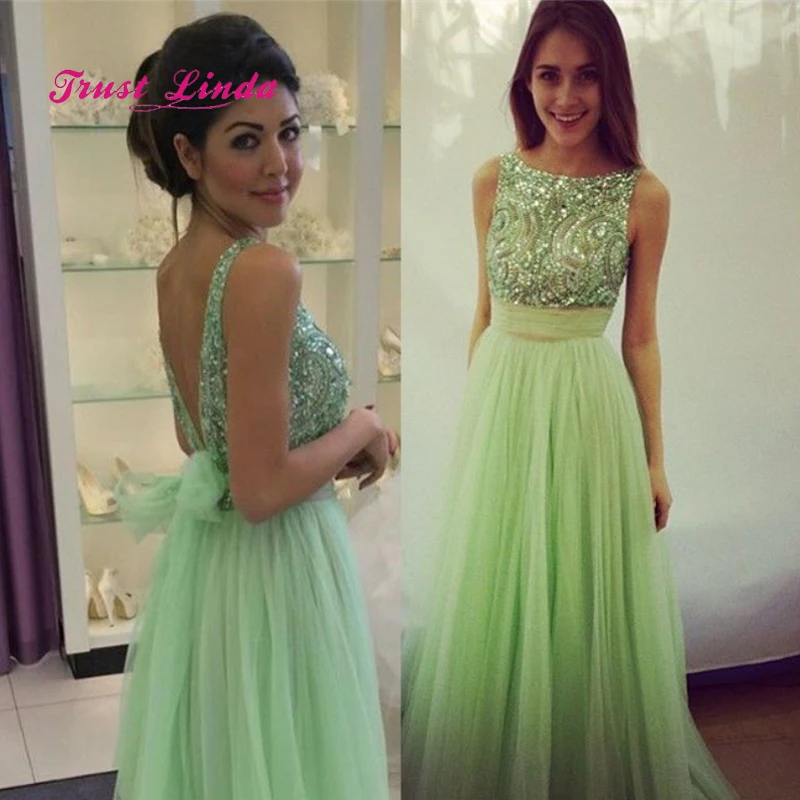 

Women Wedding Party Dress Scalloped Neckline Floor Length Crystal Beaded Mint Green Dress Prom Vestidos Largos Para Bodas