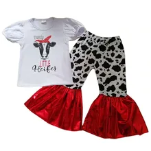 Новое поступление, наряды для девочек с изображением коровы moody модная летняя футболка+ штаны-клеш комплекты из 2 предметов одежда для детей, gxj