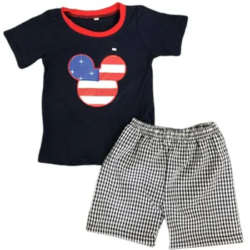 

Boy July 4th New Short Sleeve Set Cartoon Embroidery Picture Breathable Plaid Seersucker Material Shorts