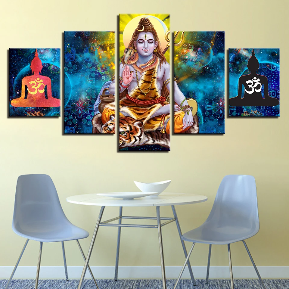 HD Printed Abstract Canvas Pictures Wall Art 5 Pieces Hindu Lord Shiva Painting Modular OM Poster Home Decor Living Room Framed