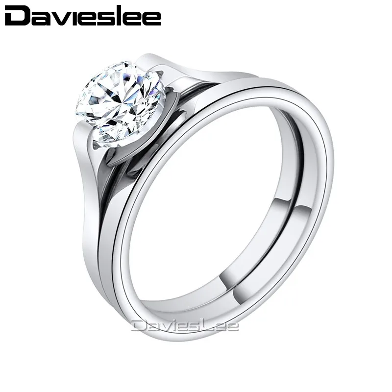 Davieslee Womens Girls Solitaire Ring Set Stainless Steel Fashion Round Cut Rhinestone Gold Silver Tone 4mm LKR116 | Украшения и