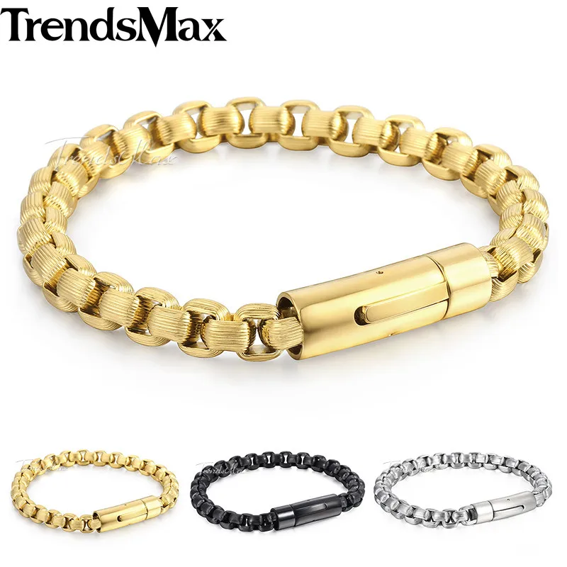 

Trendsmax Square Box Link Mens Bracelet Stainless Steel Chain Customize Gold Silver Black Tone 13mm KKBM154