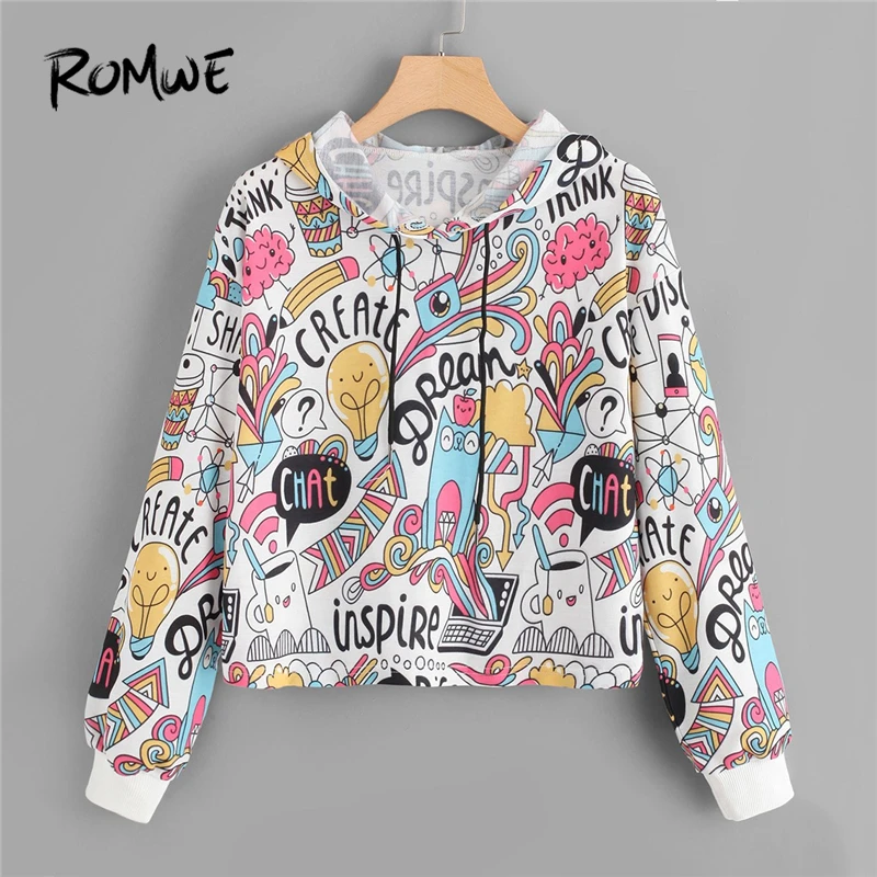 

ROMWE Cartoon Print Drawstring Hoodie Women Casual Spring Autumn Hooded Long Sleeve Clothing Multicolor Pullovers Sweatshirt