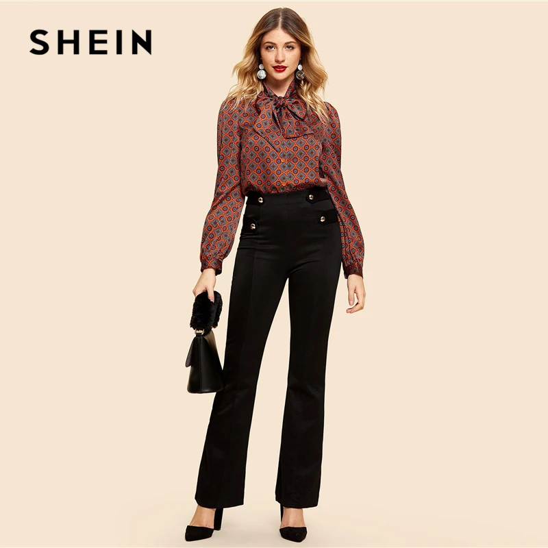 SHEIN Нарядная Блузка С Винтажным Принтом И Бантом, Офисная Блузка С Длинным Рукавом