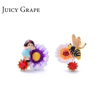 

Juicy Grape New Arrival Enamel Glaze Hand Painted 925 Sliver unique hypoallergenic Little Bee Daisy Stud Earrings for Women
