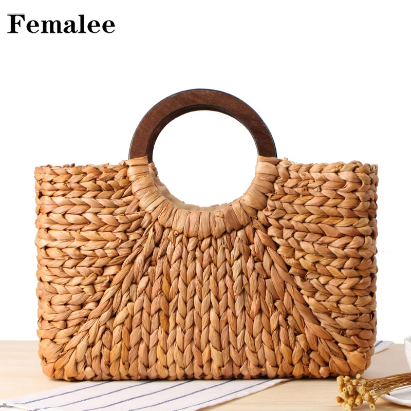 

FEMALEE Women Vintage Rectangle Rattan Handbag Lady Corn Skin Hand Weave Bag Handmade Big Totes Bohemian Summer Beach Straw Bags