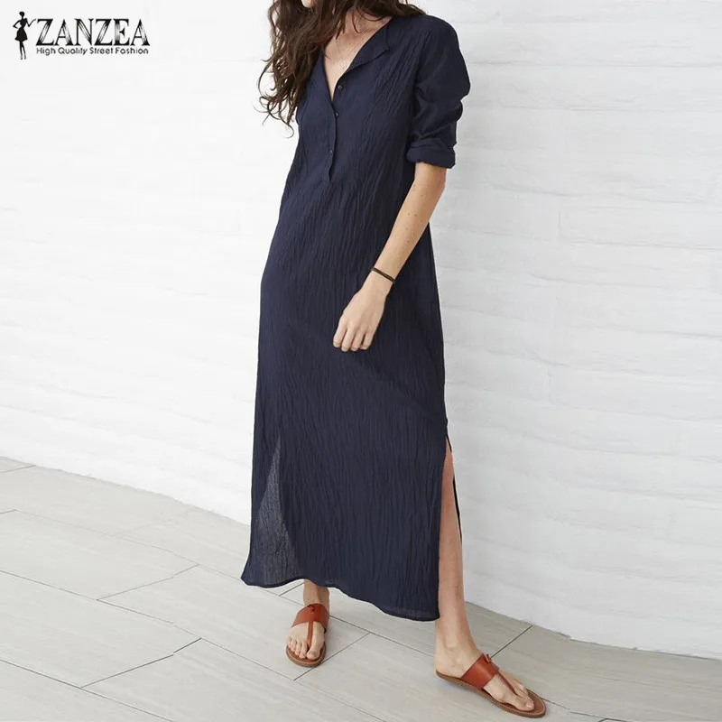 

2019 ZANZEA 2 Colors Maxi Long Dress Plus Size Cotton Shirt Dress Women Casual Long Sleeve Roll Up Sexy Split Hem Vestidos