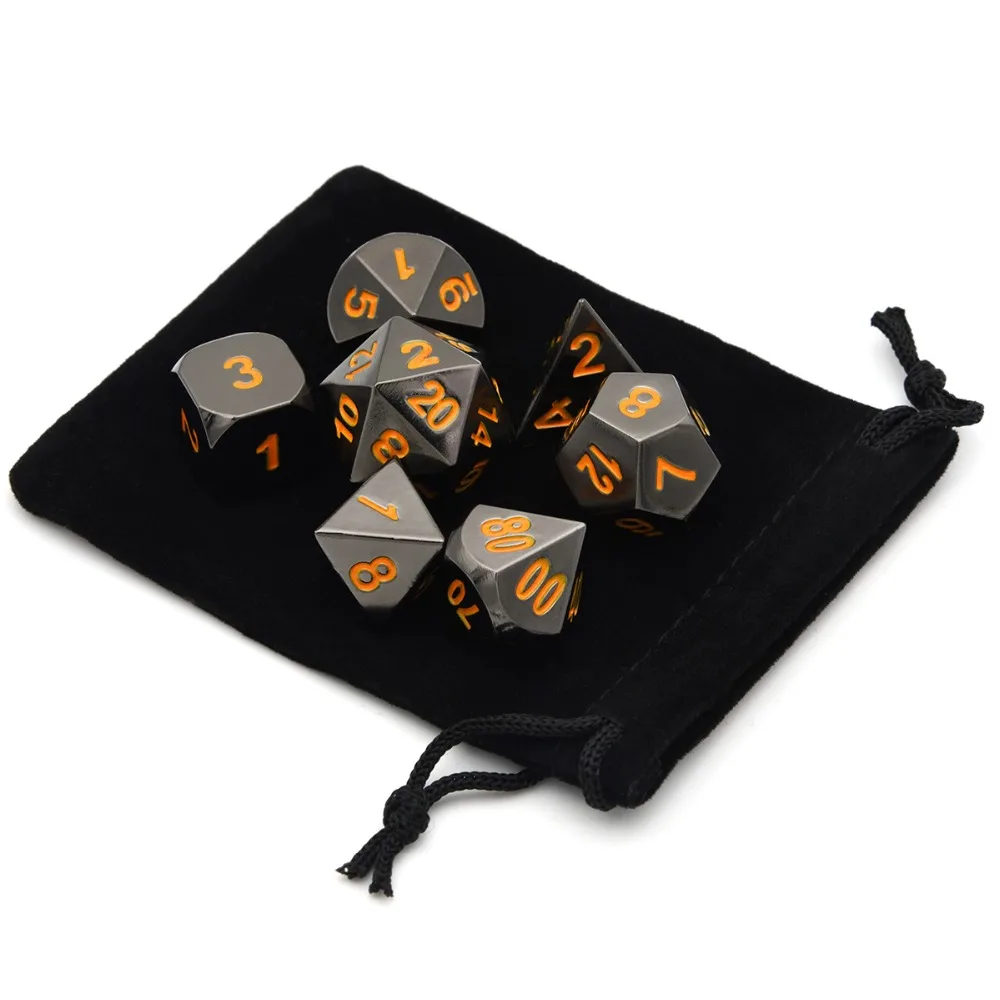  Black Chrome Metal RPG Set with Orange Numbers for Dungeons and Dragons RPG Dice Gaming and Math Te - 32959074947