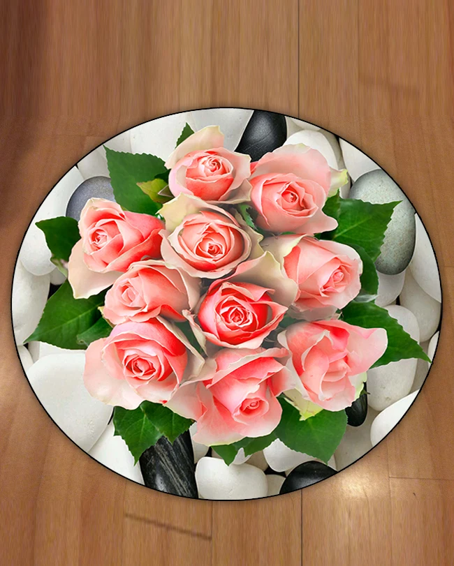 

Else White Red Flowers Roses Floral Green Leaf 3d Pattern Print Anti Slip Back Round Carpets Area Rug For Living Rooms Bathroom