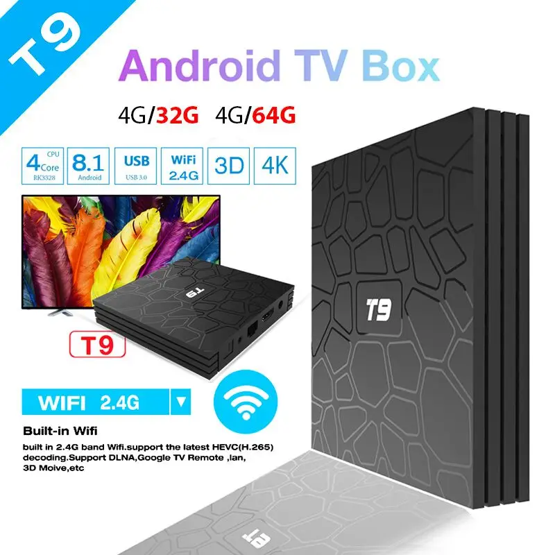 

T9 Android 8.1 TV Box 4GB/64GB Multimedia player WIFI Bluetooth 2.4G/5G Dual WIFI Quad Core PK3288 Smart TV BOX PK X92