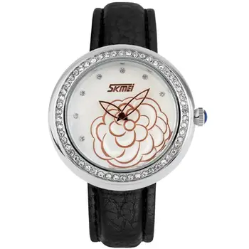 

Fashion quartz wristwatches watch face rose color flower pattern Women Black Leather Water Resistant lady crystal