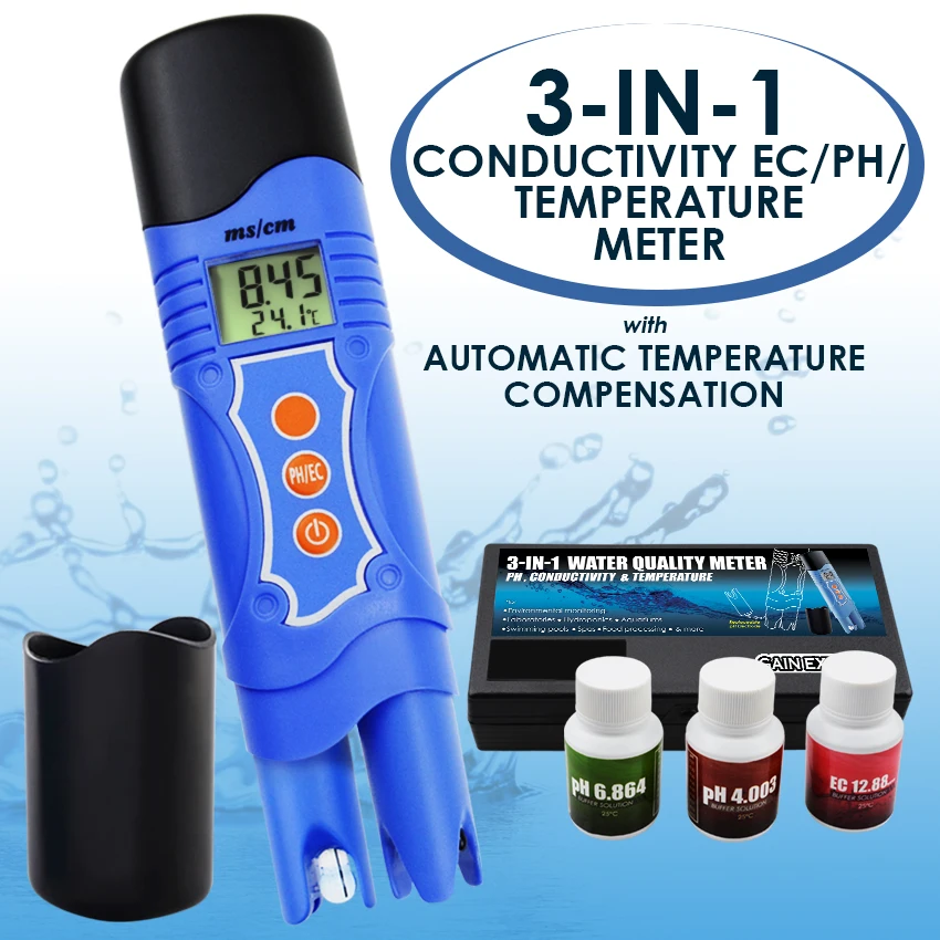 

3-in-1 Conductivity EC & pH & Temperature Multi-parameter Tester Digital Pen ATC, Water Quality Test Analyze Calibration Kit