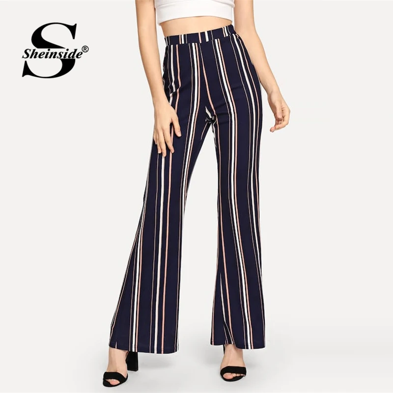 

Sheinside Navy Women High Waist Pants Casual Clothes Elastic Waist Trousers Womens Clothing 2018 Autumn Striped Flare Pants