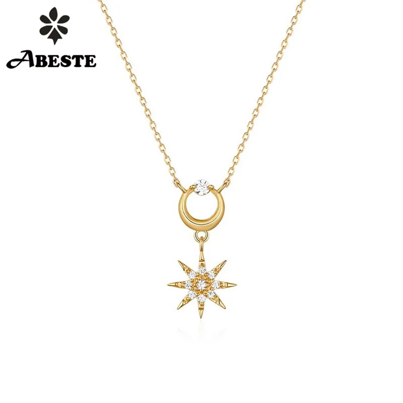 

ANI 14K Solid Yellow Gold Women Wedding Necklace Fashion CZ Engagement collares Pendant Necklace Chain Zircon Clover Shape