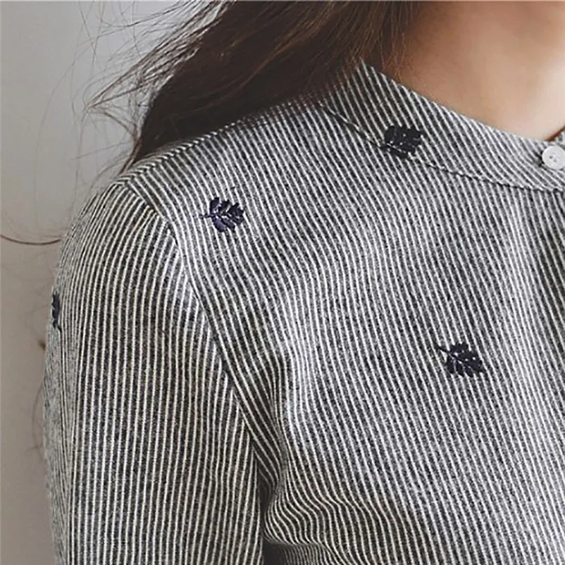 Fashion womens tops and blouses summer Autumn 2018 Linen Striped Stand Collar Embroidery Long Sleeve Shirt camicette Y30#N  (3)