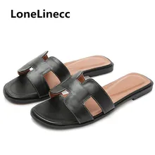 

2018 slippers Women Genuine Leather H letter Slip On Slides Beach shoes woman Flip Flops cool flip flop Women Flat Shoes Bohemia