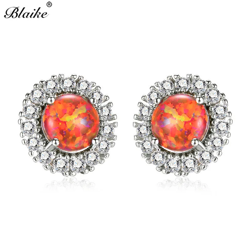 Blaike, оранжевый/зеленый/синий/белый огненный опал, цветок, серьги-гвоздики для женщин, 925 пробы, серебро, заполненный белым цирконием, серьги, ювелирное изделие