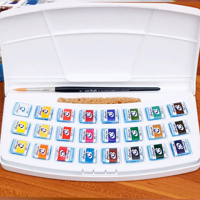 

BGLN 24 Colors Van Gogh Solid Watercolor Pigment , Nature Sponge With Paintbrush ,Plastic Case Water Color Paint Art Supplies