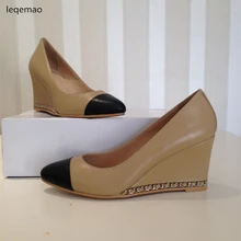 Fashion Spring Autumn Office Lady Pump Shoes Genuine Leather Chain High Quality Sexy Pointed Toe Party Wedges Shoes Size 35-40