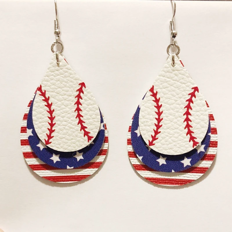 

3D Baseball Earrings Teardrop Light Weight Three Layers Faux Leather Earrings Red White & Blue Stars Stripes America