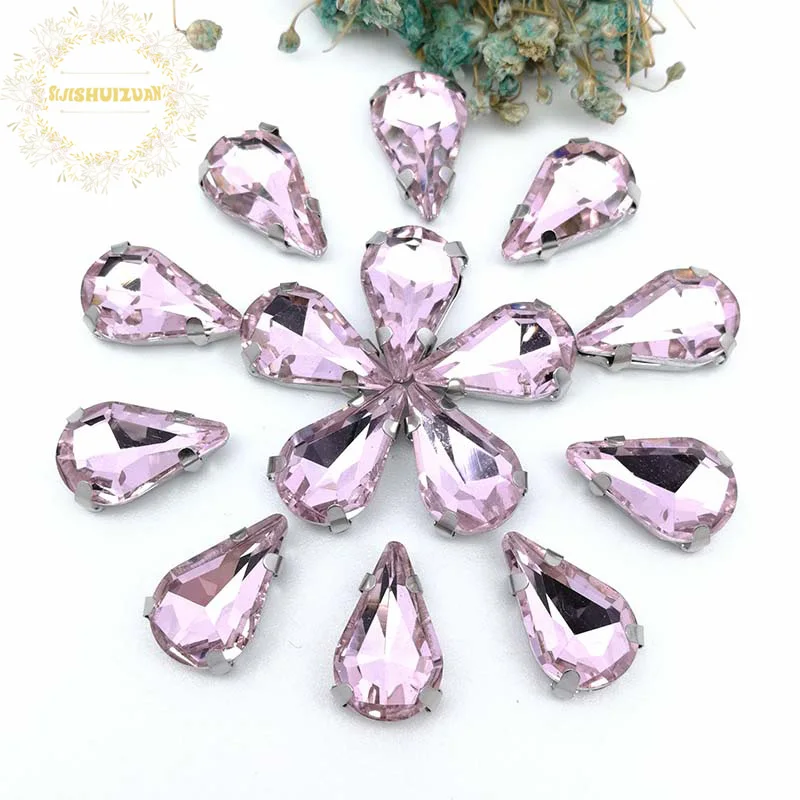 Free shipping! pink Water drop shape Glass Crystal sew on rhinestones with claw Diy Clothing accessories 8*13mm 5*8mm 6*10mm | Дом и сад