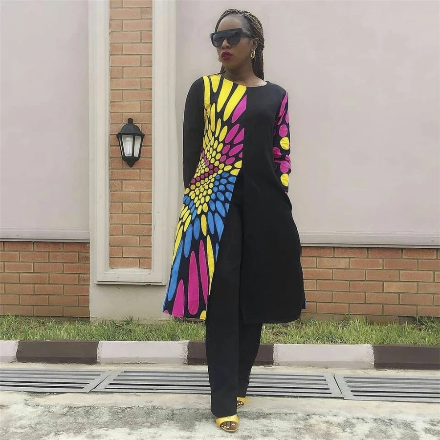 GuyuEra Новое Африканское Riche платье для женщин африканская мода для женщин нерегулярный горошек Сплит цифровой печати с длинным рукавом Топ