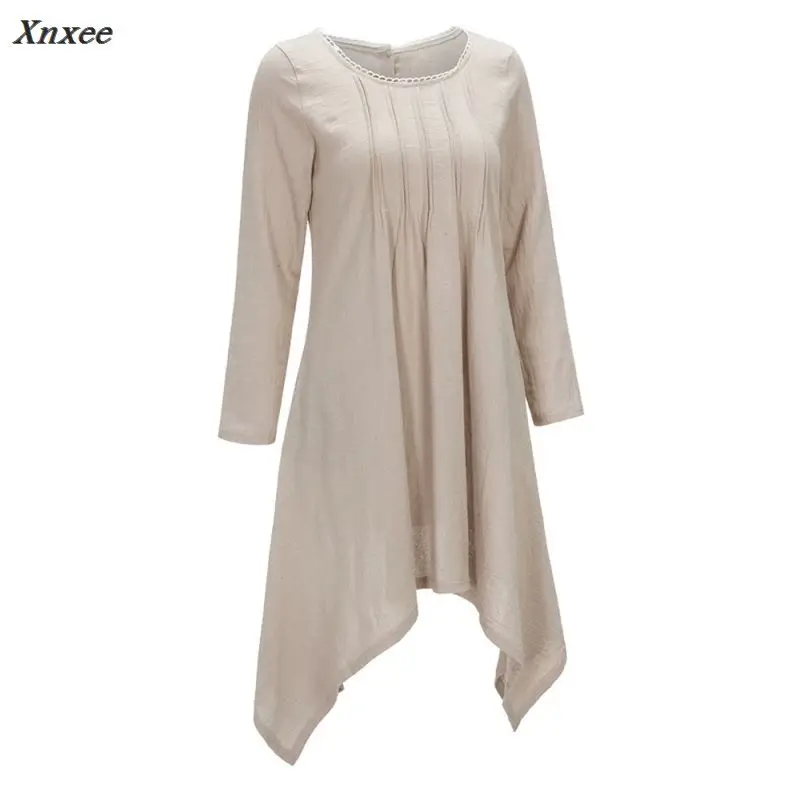 2018 Women O-Neck Long Sleeve Asymmetric Hem Cozy Cotton Linen Blend Blouse Tunic Shirt Pockets Tops Xnxee Blouses