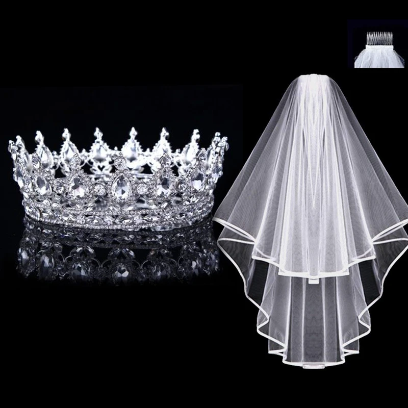 1 стразы, тиара, 1 свадебная вуаль с гребнем, корона, тиара, свадебная корона в стиле барокко, Серебряные Кристаллы, головные уборы, свадебные аксессуары