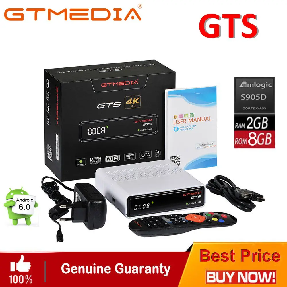 

GTmedia GTS DVB-S2 Satellite Receiver Android 6.0 Combo TV BOX 2GB RAM 8GB ROM BT4.0 CCCam IPTV Set Top Box PK Freesat V7 HD V8